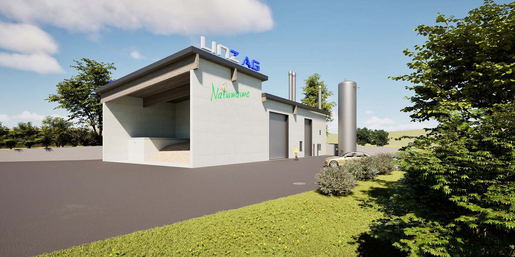 Visualisierung des Biomasseheizkraftwerks der Linz AG in Ried in der Riedmark