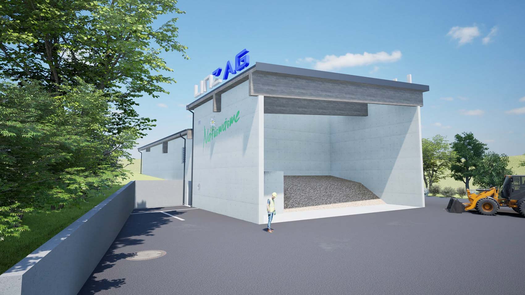 visualisierung-heizwerk-ried-in-der-riedmark-linz-ag Visualisierung des Biomasseheizkraftwerkes der Linz AG in Ried in der Riedmark Pelletsplatz